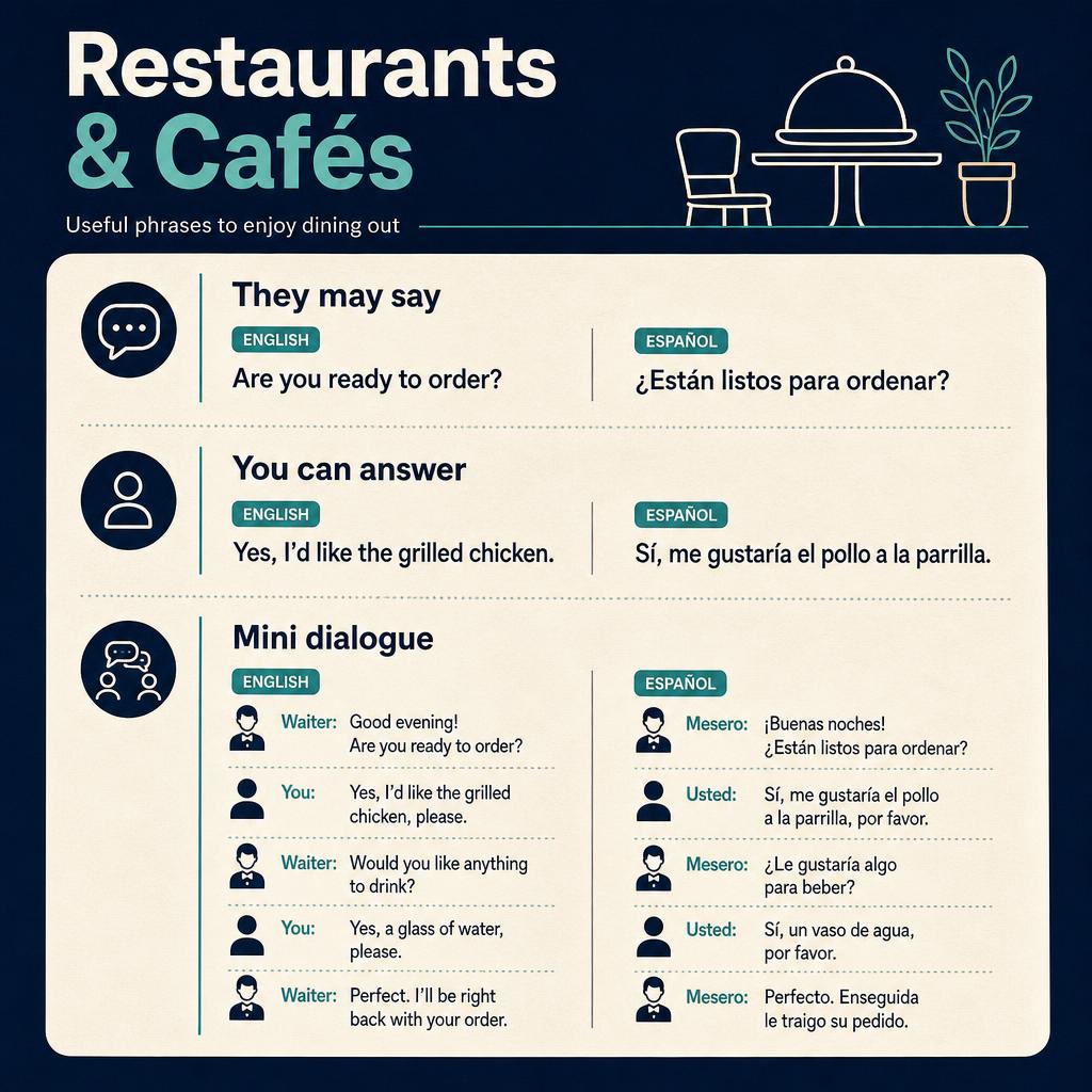 Página interna de la guía: Restaurants & Cafés con frases y mini diálogo bilingüe