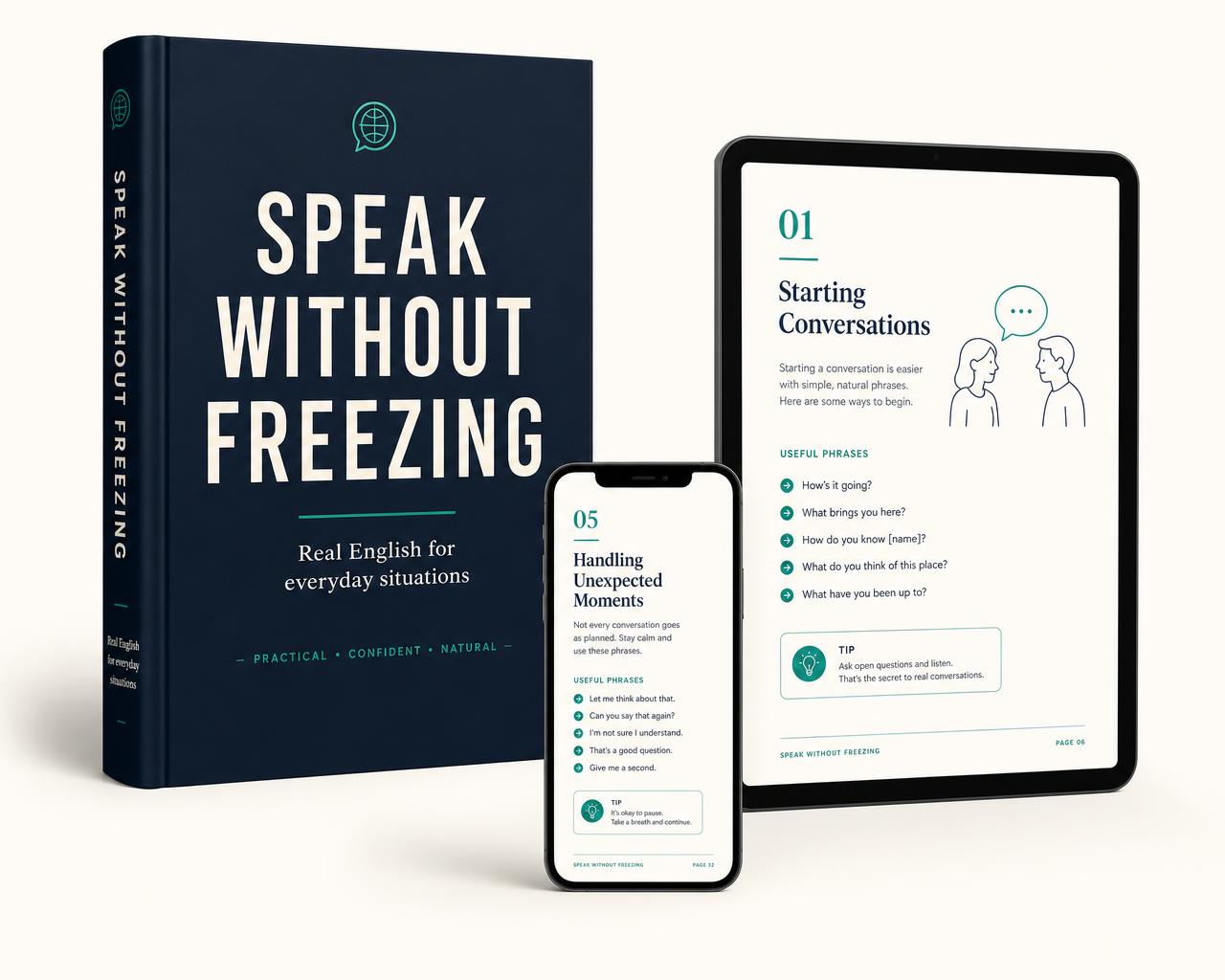 Guía Speak Without Freezing mostrada en libro, tablet y móvil